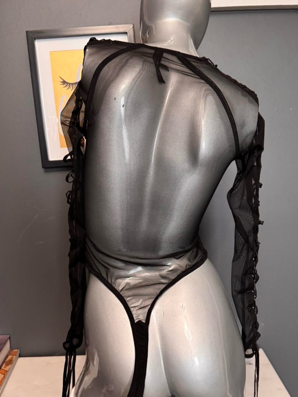 Dolls Kill Widow Mesh Sheer Lace-Up Sleeve Bodysuit - Picture 3 of 5